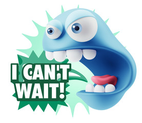 3d Rendering Angry Character Emoji saying I Can't Wait with Colo