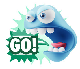 3d Rendering Angry Character Emoji saying Go with Colorful Speec