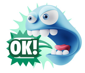 3d Rendering Angry Character Emoji saying OK with Colorful Speec