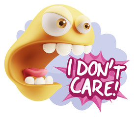 3d Rendering Angry Character Emoji saying I Don't Care with Colo