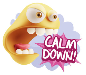 3d Rendering Angry Character Emoji saying Calm Down with Colorfu