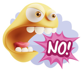 Obraz premium 3d Rendering Angry Character Emoji saying No with Colorful Speec