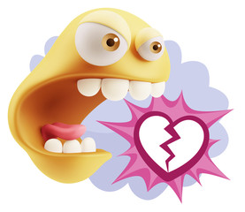 3d Rendering Angry Character Emoji saying Heart Broken Icon with