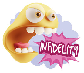 3d Rendering Angry Character Emoji saying Infidelity with Colorf