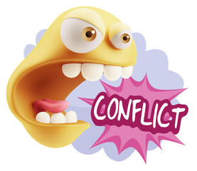 3d Rendering Angry Character Emoji saying Conflict with Colorful