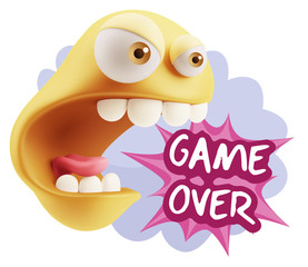 3d Rendering Angry Character Emoji saying Game Over with Colorfu