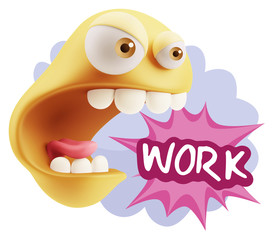 3d Rendering Angry Character Emoji saying Work with Colorful Spe