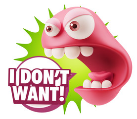 3d Rendering Angry Character Emoji saying I Don't Want with Colo