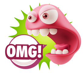 3d Rendering Angry Character Emoji saying OMG with Colorful Spee