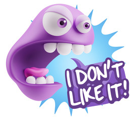 3d Rendering Angry Character Emoji saying I Don`t Like It with C