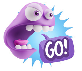 3d Rendering Angry Character Emoji saying Go with Colorful Speec