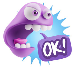 Obraz premium 3d Rendering Angry Character Emoji saying OK with Colorful Speec