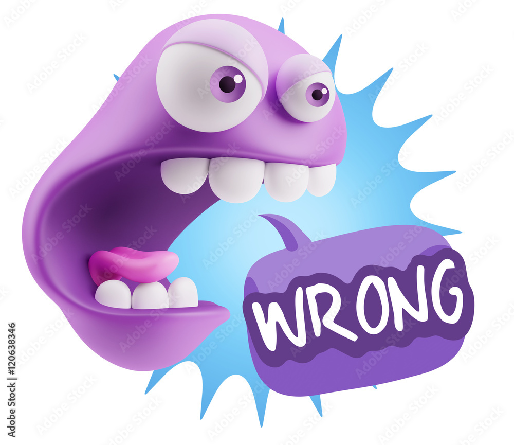 Poster 3d rendering angry character emoji saying wrong with colorful sp