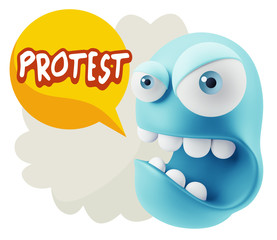 3d Rendering Angry Character Emoji saying Protest with Colorful