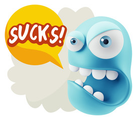 3d Rendering Angry Character Emoji saying Sucks with Colorful Sp