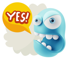 3d Rendering Angry Character Emoji saying Yes with Colorful Spee
