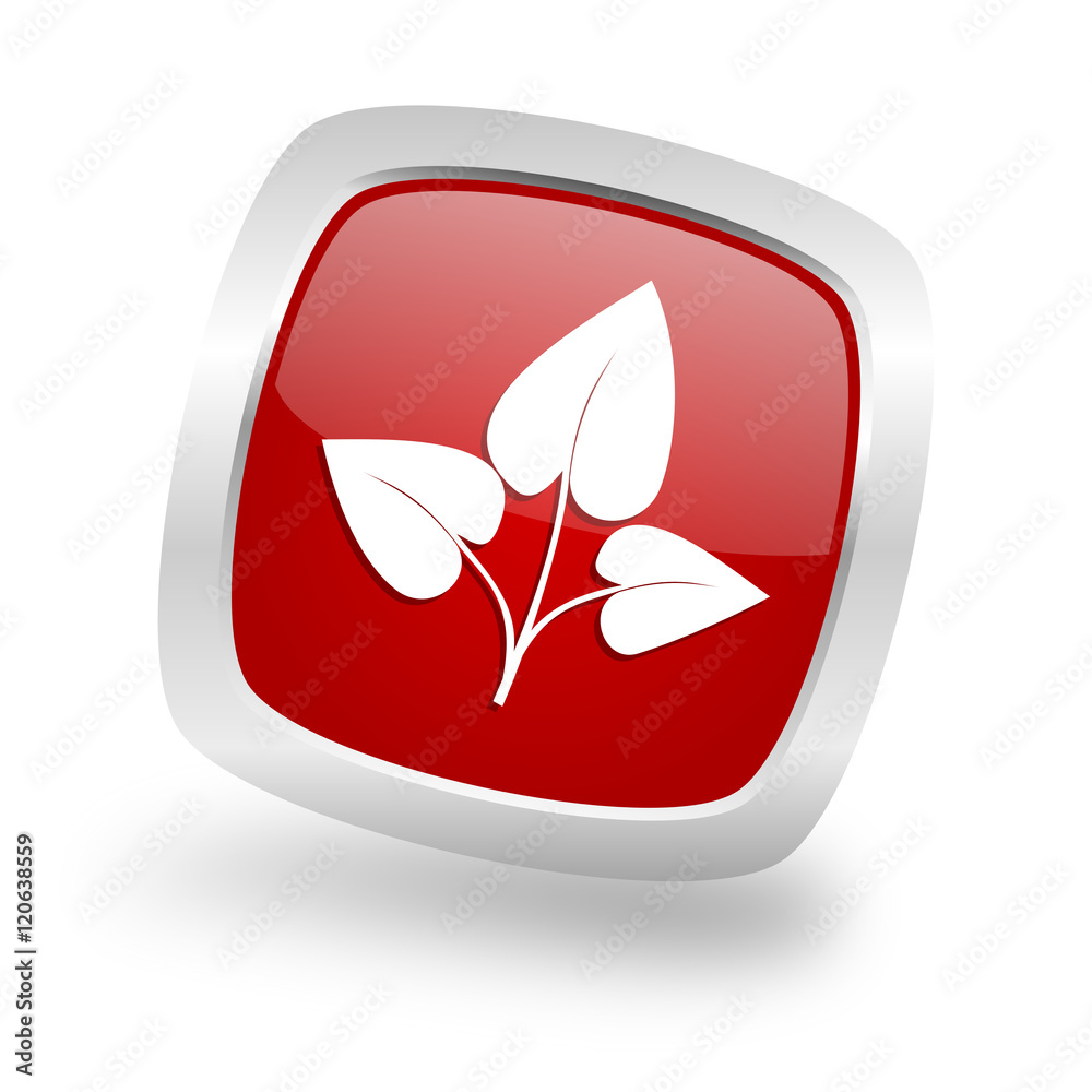 Poster leaf square red glossy chrome silver metallic web icon