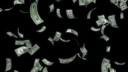 Money Falling - Dollar bills falling down from the sky. All denominations of American currency including $1, $5, $10, $20, $50, and $100. Alpha channel included. - Powered by Adobe