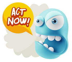 3d Rendering Angry Character Emoji saying Act Now with Colorful