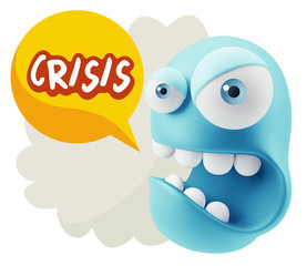 3d Rendering Angry Character Emoji saying Crisis with Colorful S