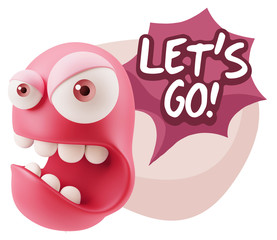 3d Rendering Angry Character Emoji saying Let's Go with Colorful