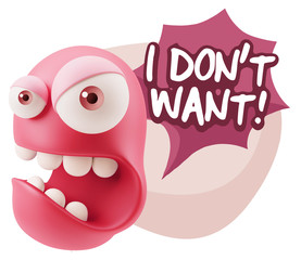 3d Rendering Angry Character Emoji saying I Don't Want with Colo