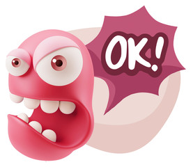 3d Rendering Angry Character Emoji saying OK with Colorful Speec
