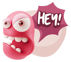Obraz premium 3d Rendering Angry Character Emoji saying Hey with Colorful Spee