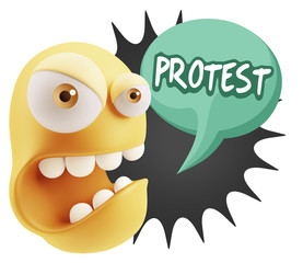 3d Rendering Angry Character Emoji saying Protest with Colorful