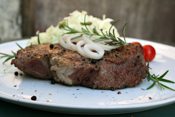 organisch, lifestyle, entrecôte, steak, urbano, männerfrühstück, makro, krautsalat, werbetafel