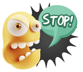 3d Rendering Angry Character Emoji saying Stop with Colorful Spe