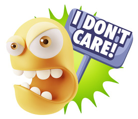 3d Rendering Angry Character Emoji saying I Don't Care with Colo