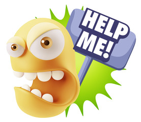 3d Rendering Angry Character Emoji saying Help me with Colorful