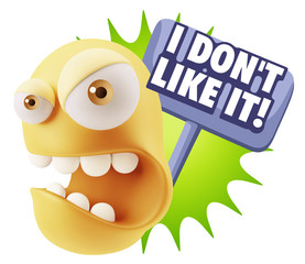 3d Rendering Angry Character Emoji saying I Don`t Like It with C