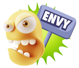 3d Rendering Angry Character Emoji saying Envy with Colorful Spe