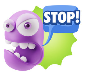 3d Rendering Angry Character Emoji saying Stop with Colorful Spe