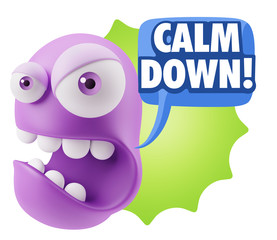 3d Rendering Angry Character Emoji saying Calm Down with Colorfu