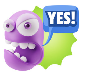 3d Rendering Angry Character Emoji saying Yes with Colorful Spee