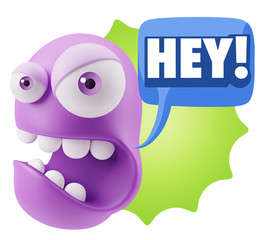 3d Rendering Angry Character Emoji saying Hey with Colorful Spee