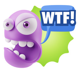 3d Rendering Angry Character Emoji saying WTF with Colorful Spee