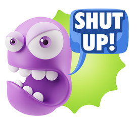 3d Rendering Angry Character Emoji saying Shut Up with Colorful