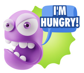 3d Rendering Angry Character Emoji saying I'm Hungry with Colorf