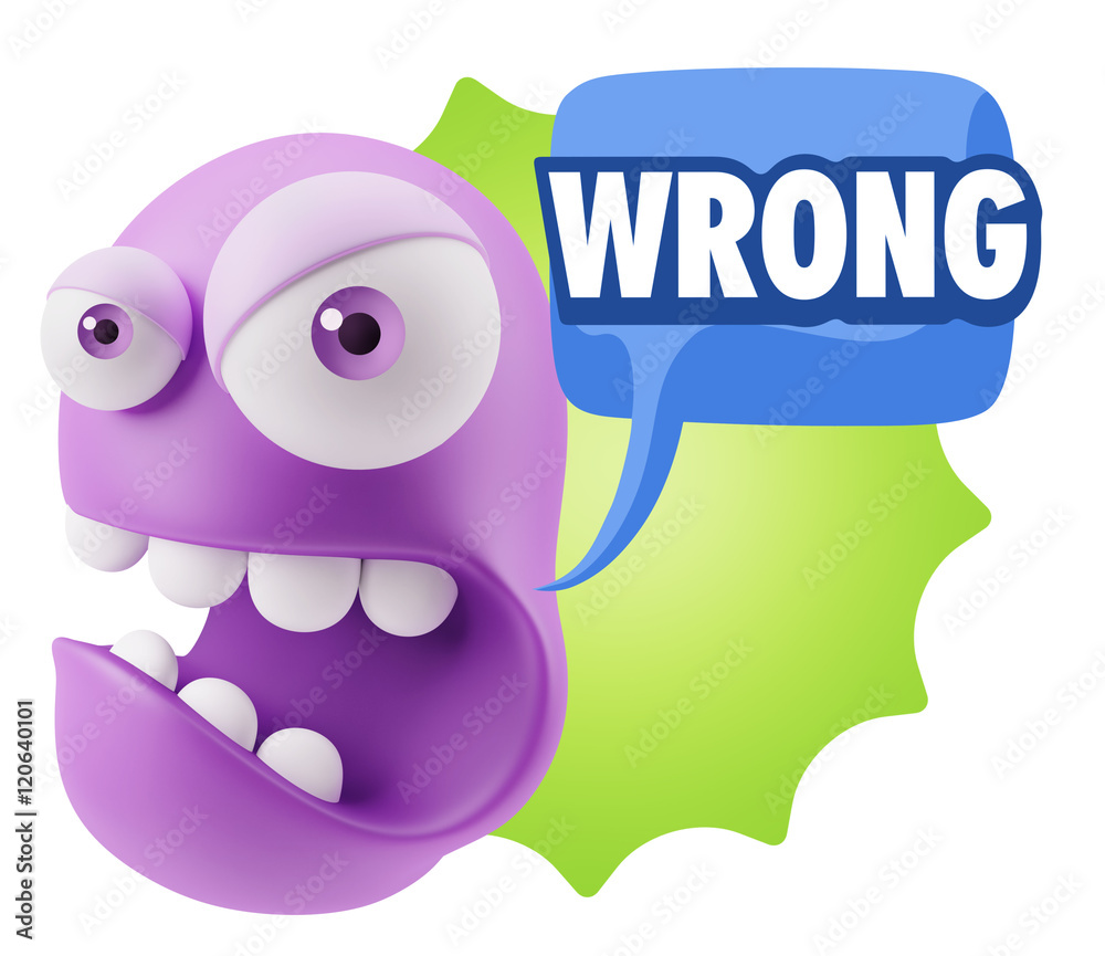 Poster 3d rendering angry character emoji saying wrong with colorful sp