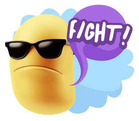 3d Rendering Angry Character Emoji saying Fight with Colorful Sp
