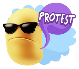 3d Rendering Angry Character Emoji saying Protest with Colorful