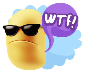 3d Rendering Angry Character Emoji saying WTF with Colorful Spee