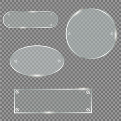 Glass plates set. Vector glass banners on transparent background.