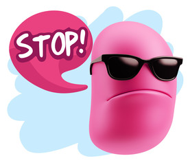 3d Rendering Angry Character Emoji saying Stop with Colorful Spe
