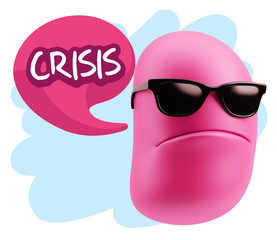 3d Rendering Angry Character Emoji saying Crisis with Colorful S