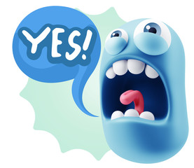 3d Rendering Angry Character Emoji saying Yes with Colorful Spee